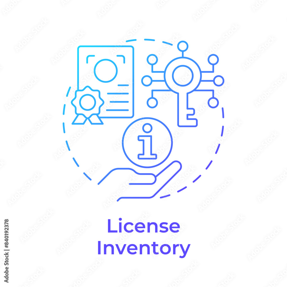 License inventory blue gradient concept icon. Software asset management. Compliance certificate. Round shape line illustration. Abstract idea. Graphic design. Easy to use in infographic, presentation License inventory blue gradient concept icon. Software asset management. Compliance certificate. Round shape line illustration. Abstract idea. Graphic design. Easy to use in infographic, presentation