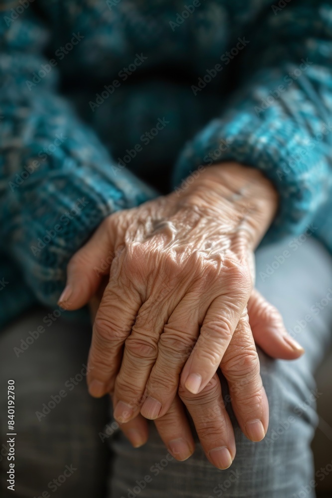 Fototapeta premium Woman with rheumatoid arthritis, experiencing hand pain and stiffness, highlighting the challenges of the disease.