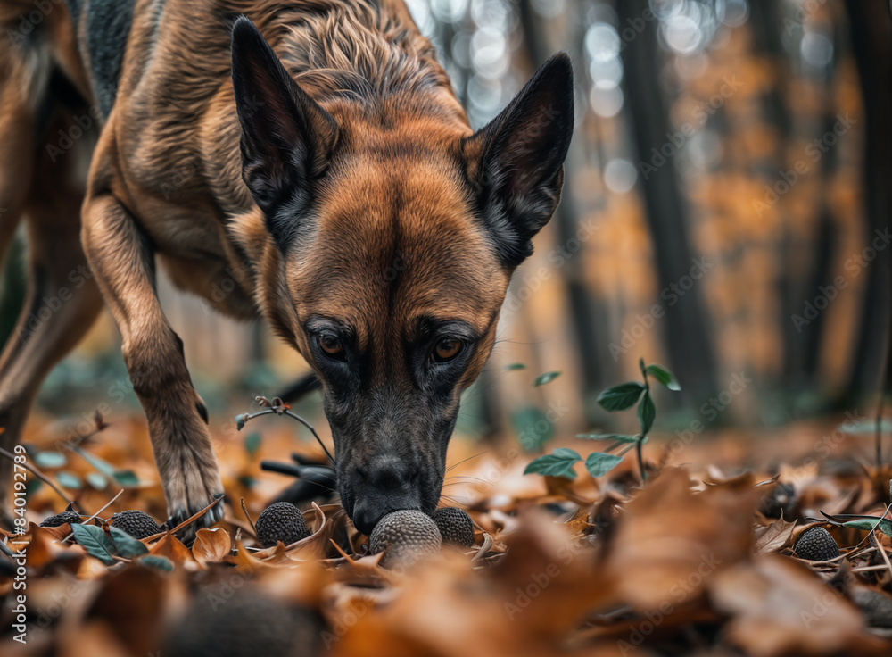 Belgian Malinois Dog in the woods / forest looking for truffles mushrooms Belgian Malinois Dog in the woods / forest looking for truffles mushrooms