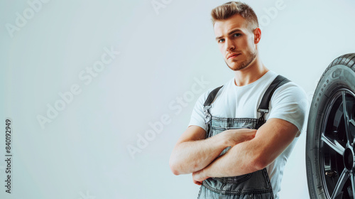Portrait of a handsome serious tire fitter in a white T-shirt and overalls with a car wheel on a white isolated background.