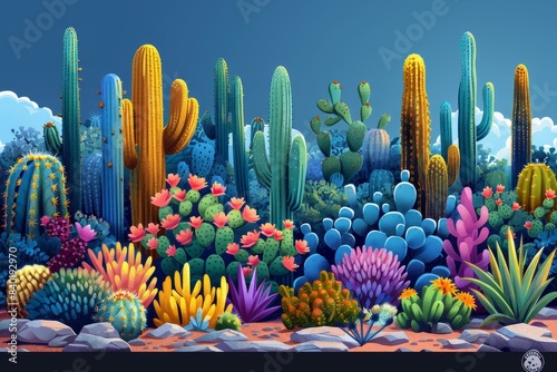 Cactus garden with various shapes and sizes, representing resilience. 