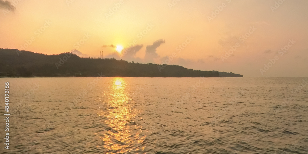 sea with blue sky and cloud background with wave. Mountain island over the sea. sea with blue sky and cloud background with wave. Mountain island over the sea.