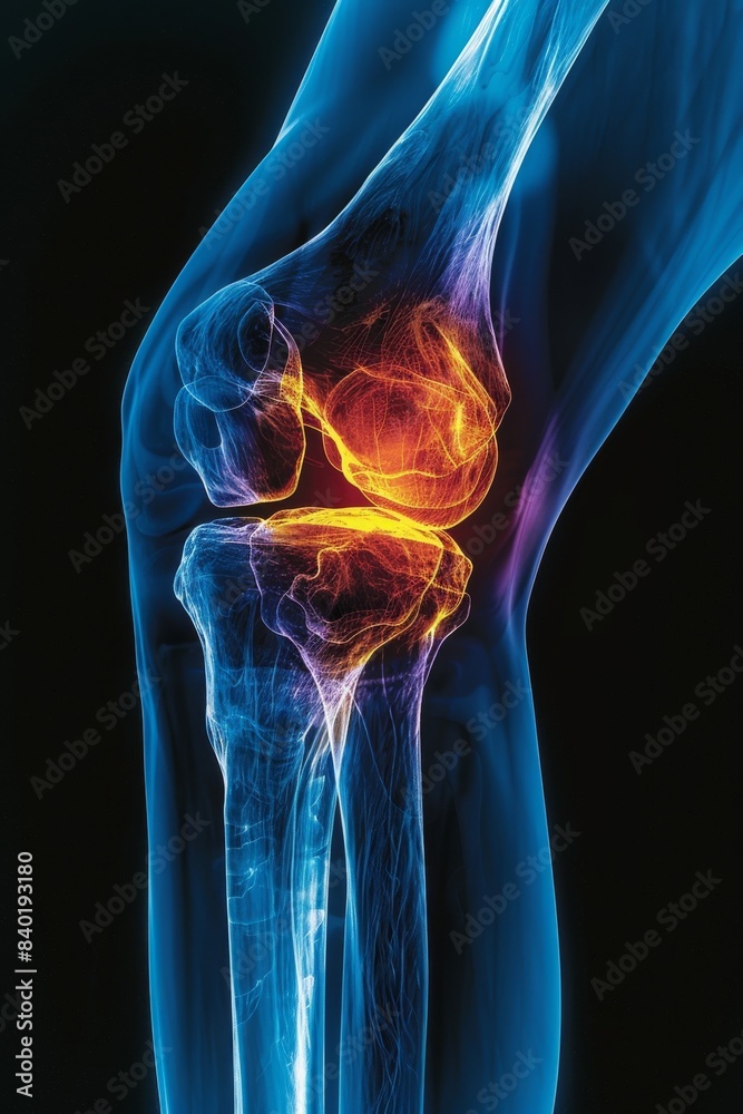 Anatomy of a human knee joint illustrated digitally, with the bone structure highlighted against a red and blue backdrop. Anatomy of a human knee joint illustrated digitally, with the bone structure highlighted against a red and blue backdrop.