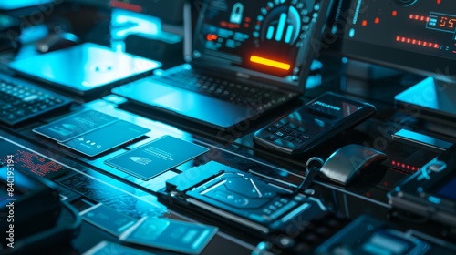 Secure and Professional Cybersecurity Specialist's Desk with Encrypted Hard Drives Business Cards and Digital Lock Interfaces Technology and Business Concept
