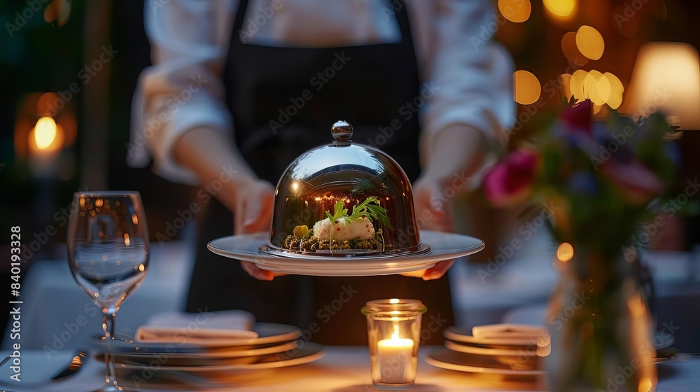 Obraz premium Elegant dining setup with a cloche-covered plate being served, surrounded by candlelight and fine tableware in a cozy, intimate ambiance.