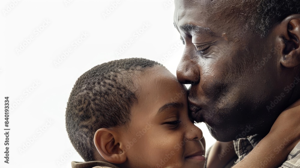 Fototapeta premium Worms-eye view, African American boy kissing his father, isolated on a pure white background, photorealistic detail, warm and intimate moment, high resolution