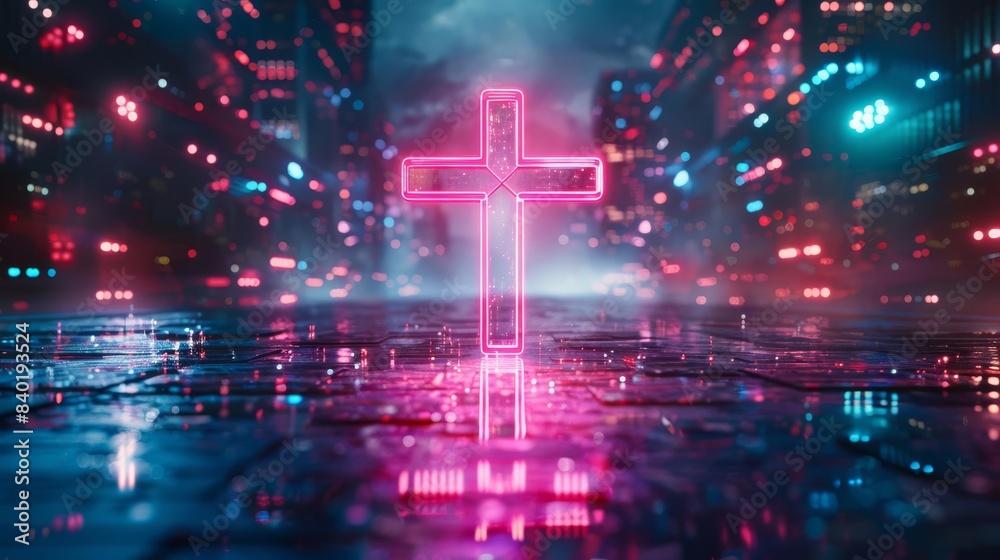 Obraz premium Glowing neon cross in futuristic cyberpunk cityscape at night, with misty atmosphere and colorful reflections.