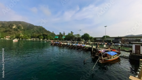 seascape background with Phi Phi Island Port and Tonsai Pier, Thailand.