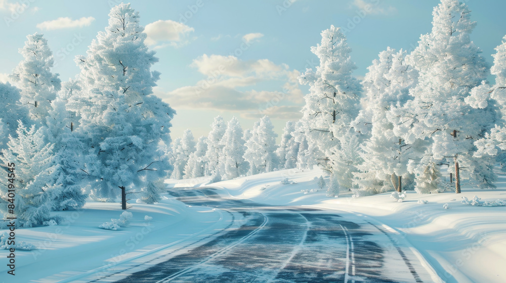 Obraz premium A picturesque snowy road winding through a winter forest with snow-covered trees and a bright sky, creating a serene winter scene. Snowy Road Through Winter Forest