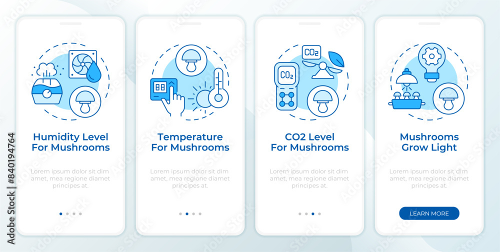 Naklejka premium Mushroom growing conditions blue onboarding mobile app screen. Walkthrough 4 steps editable graphic instructions with linear concepts. UI, UX, GUI template. Montserrat SemiBold, Regular fonts used