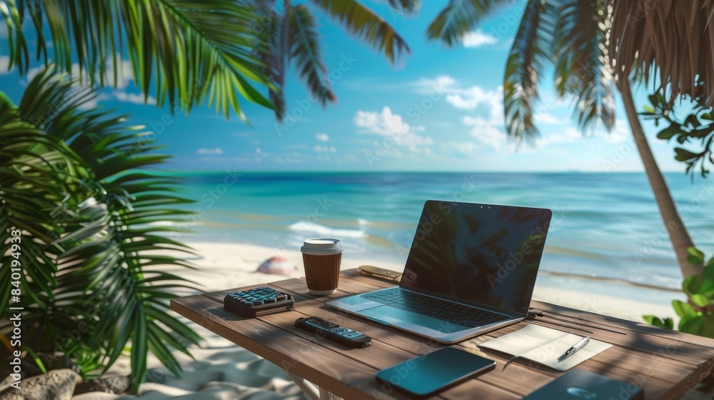Seaside Serenity Remote Work Essentials on a Tropical Beach Laptop Solar Charger and Blank Business Cards for Digital Nomads and Freelancers Seaside Serenity Remote Work Essentials on a Tropical Beach Laptop Solar Charger and Blank Business Cards for Digital Nomads and Freelancers