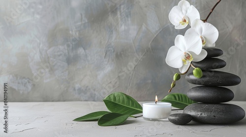 Harmonious spa setting features orchids, stones, and candle