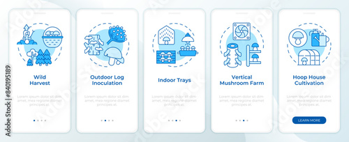 Cultivation techniques blue onboarding mobile app screen. Walkthrough 5 steps editable graphic instructions with linear concepts. UI, UX, GUI template. Montserrat SemiBold, Regular fonts used
