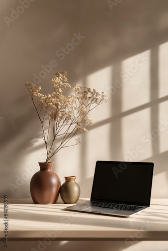 Laptop computer with blank mockup screen. Beige flowers in a brown vase on a table. Beige wall with a soft window shadow. Aesthetic minimalist interior design with natural light. Fine art