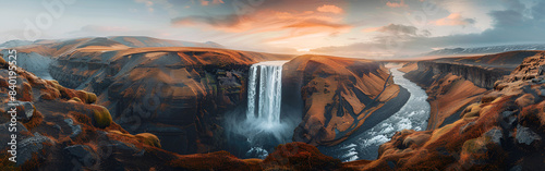 Image of a tall beautiful waterfall taken vertically natural beauty sunset background 