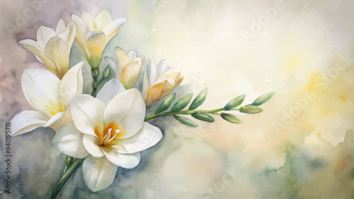 Minimalist watercolor background of freesias flowers