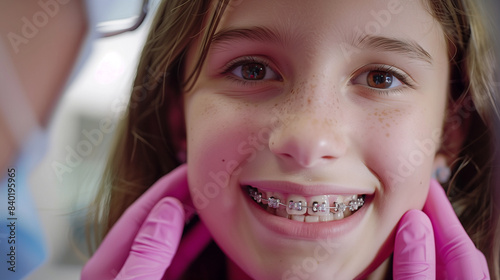 Close up of a teen girl wearing pink gloves getting braces on her teeth at the orthodontist, in the style of Fujifilm photography, on a white background, hyper realistic and super detailed.