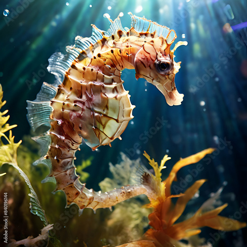Seahorse floats among underwater vegetation, illuminated by sunlight filtering through the water.