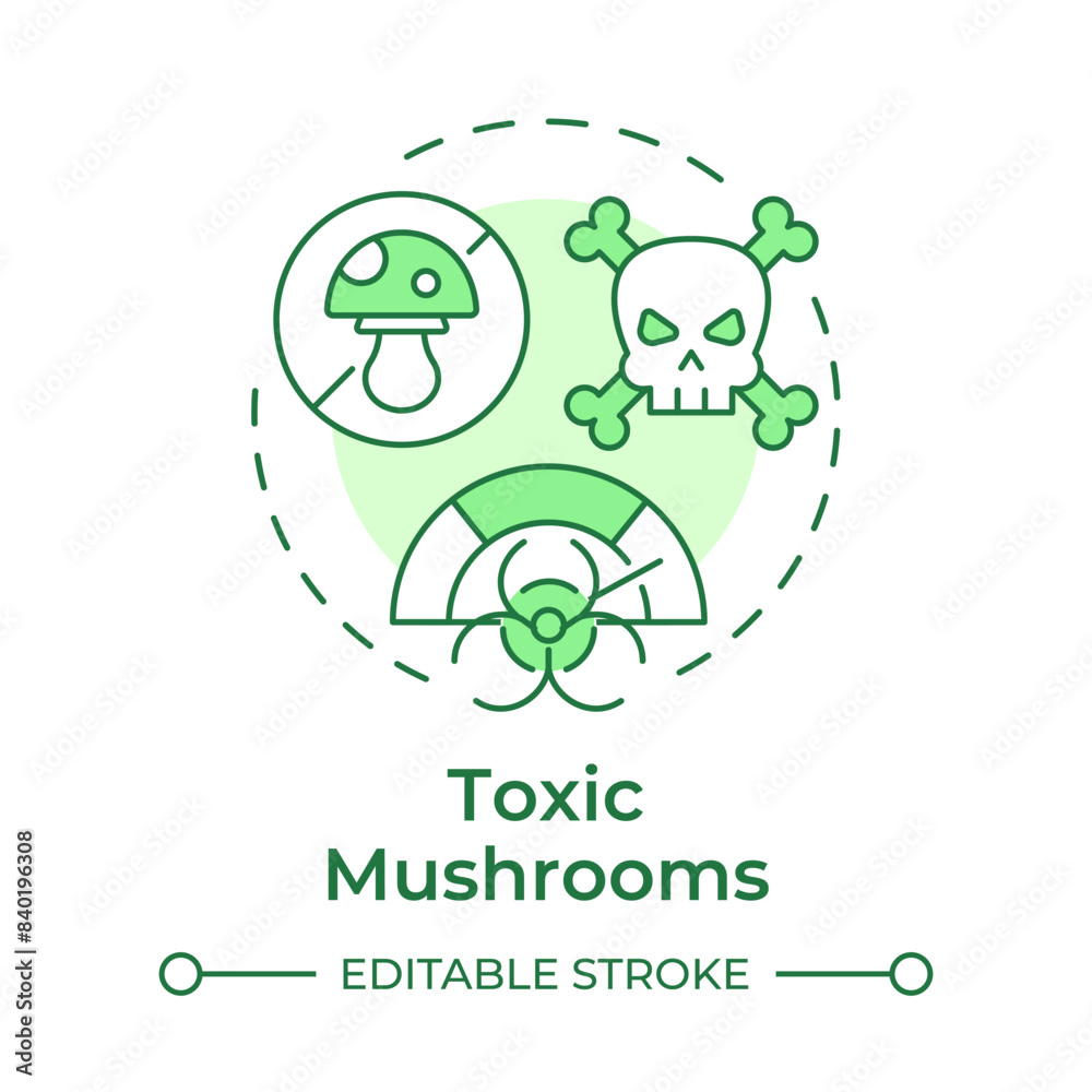 Toxic mushrooms soft green concept icon. Deadly poisonous fungi. Harmful wild mushrooms. Health risk. Round shape line illustration. Abstract idea. Graphic design. Easy to use in article Toxic mushrooms soft green concept icon. Deadly poisonous fungi. Harmful wild mushrooms. Health risk. Round shape line illustration. Abstract idea. Graphic design. Easy to use in article
