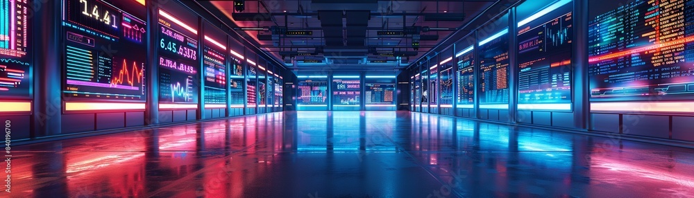 Fototapeta premium Trading floor with neon screens and data, vibrant hues, digital illustration, hightech atmosphere, detailed elements 8K , high-resolution, ultra HD,up32K HD