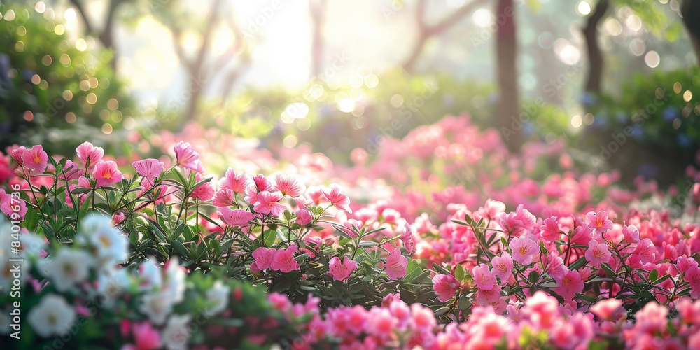 Obraz premium Beautiful pink flowers blooming in a sunlit garden, capturing the essence of spring with vibrant colors and a serene atmosphere, showcasing the natural beauty of the floral landscape..