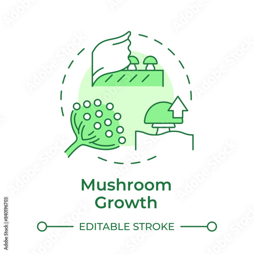 Mushroom growth soft green concept icon. Indoor mushroom farming. Spore propagation. Fungi cultivation. Round shape line illustration. Abstract idea. Graphic design. Easy to use in article