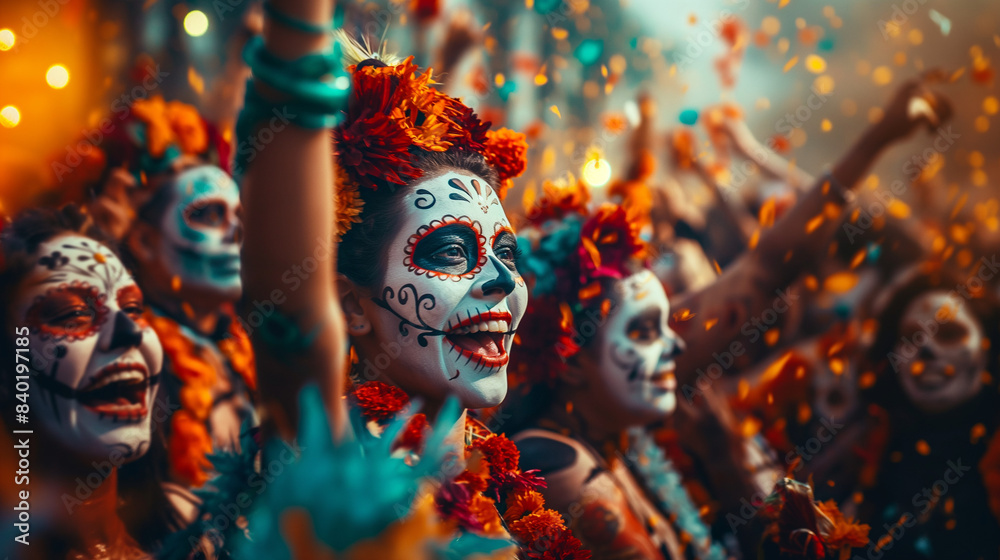 People in sugar skull makeup celebrating Day of the Dead