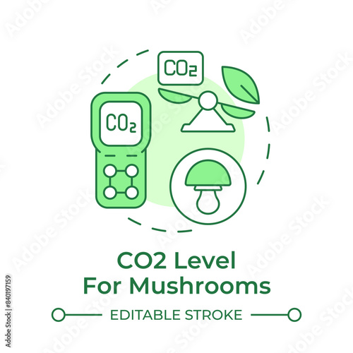 CO2 level soft green concept icon. Optimal conditions for growing mushrooms. Indoor farming. Fresh air exchange. Round shape line illustration. Abstract idea. Graphic design. Easy to use in article