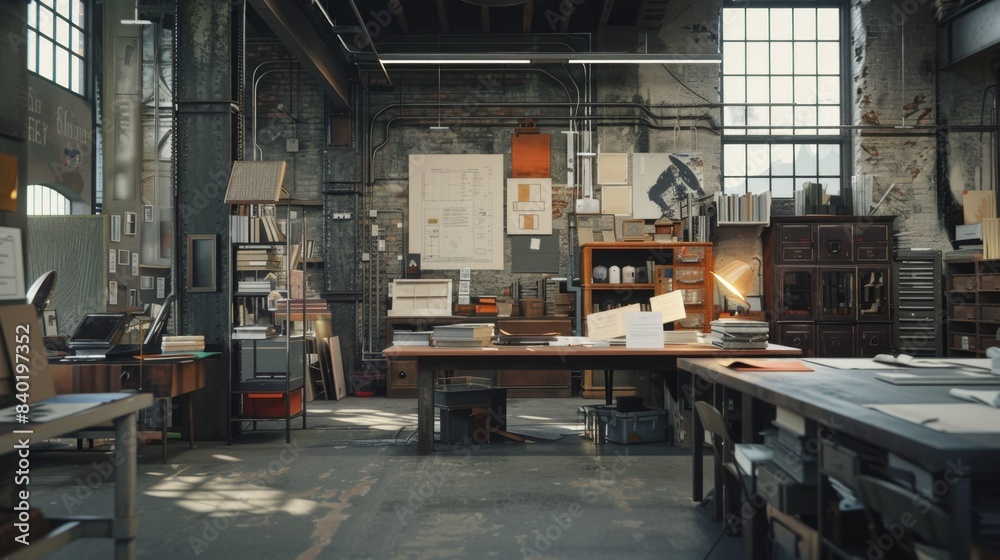 Fototapeta premium Creative Chaos Film Set Designer's Warehouse with Business Cards Scale Models and Props