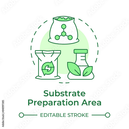 Substrate preparation area soft green concept icon. Mushroom farm. Growing medium. Fungi cultivation. Round shape line illustration. Abstract idea. Graphic design. Easy to use in article