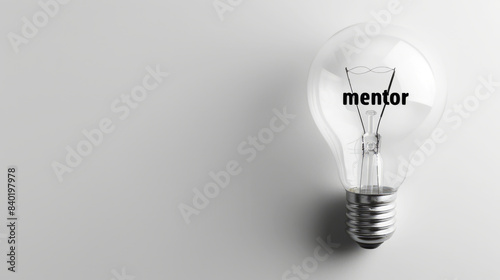 Clear light bulb with mentor text on white background, symbolizing guidance and inspiration