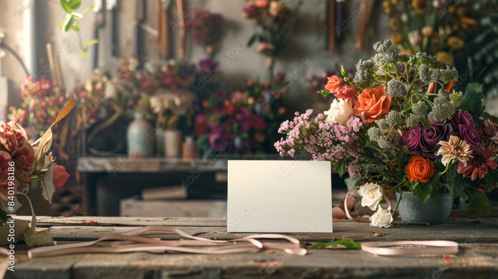 Budding Business Floral Designer's Studio with Fresh Cut Flowers and Blank Business Cards