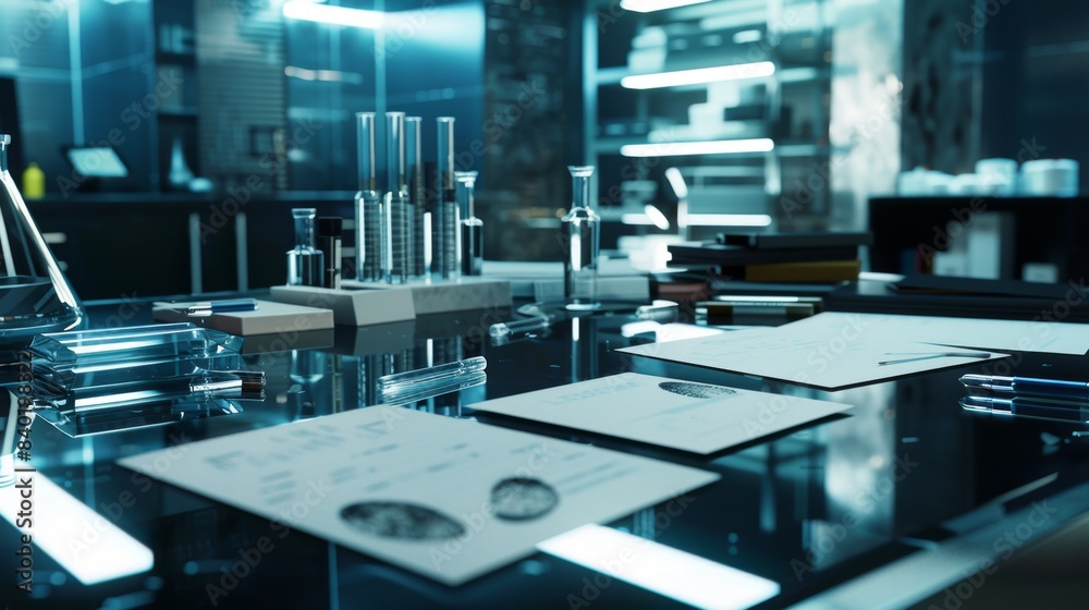 Naklejka premium CuttingEdge Forensic Analysis Business Cards and Evidence Markers in HighTech Lab