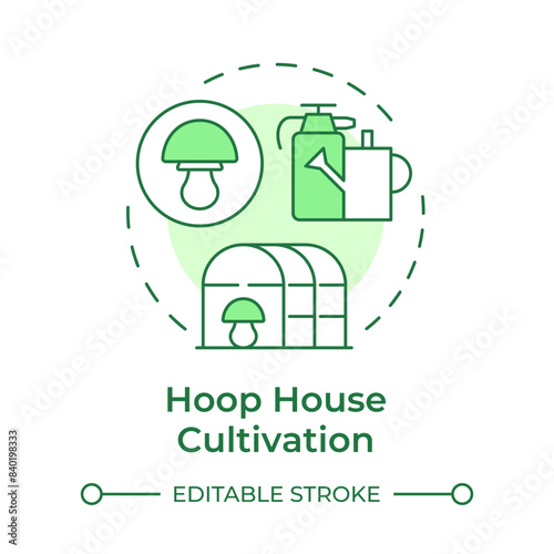 Hoop house cultivation soft green concept icon. Mushroom farming technique. Hoop greenhouse. Mushroom production. Round shape line illustration. Abstract idea. Graphic design. Easy to use in article