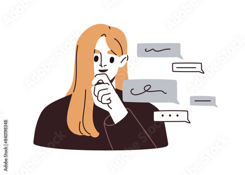 Thoughtful woman. Focused reflective character thinking, concentration on thoughts, listening and analyzing. Brainstorming process. Concept flat vector illustration isolated on white background