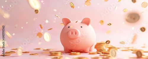 Cute 3D Piggy Bank with Golden Coins, Symbol of Savings and Financial Growth, Ideal for Illustrations on Finance, Economy, and Money Management
