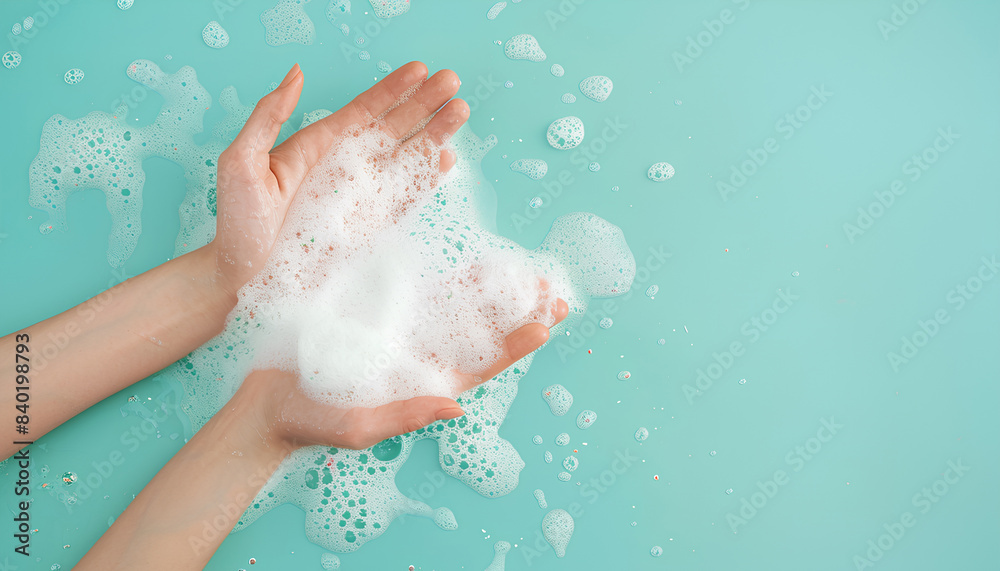 Fototapeta premium Hands in soap foam on light blue background
