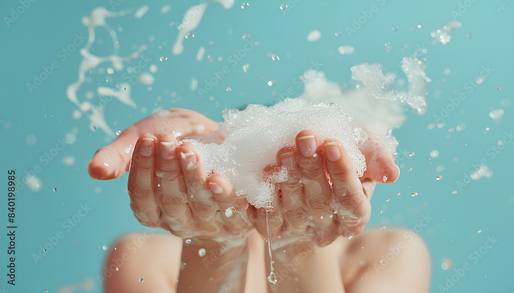 Hands in soap foam on light blue background Hands in soap foam on light blue background