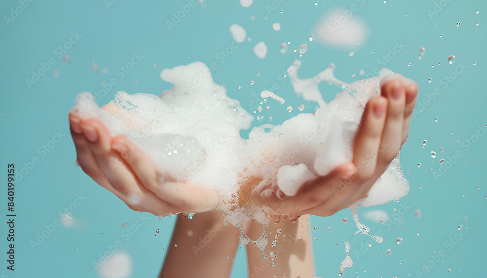 Hands in soap foam on light blue background Hands in soap foam on light blue background