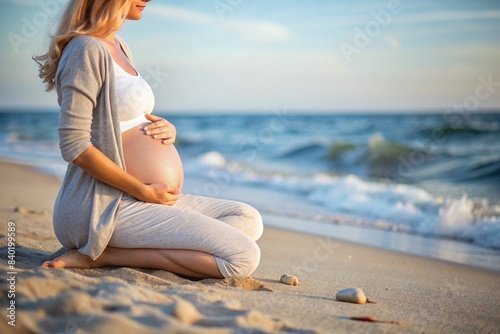 Relaxation, peace of mind, sea air. Close-up of the tummy. A pregnant woman on the beach by the sea. The concept of pregnancy, childbirth and parental responsibilities.