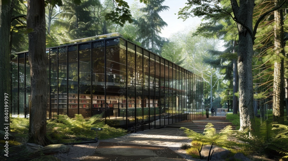 Serenity and Knowledge GlassEncased Library Amidst Lush Forest Stock Image Serenity and Knowledge GlassEncased Library Amidst Lush Forest Stock Image