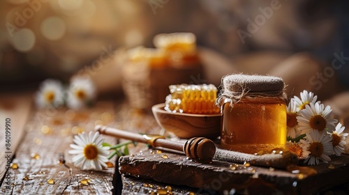 Honey in a closed glass jar and a bowl on a wooden background. Composition of honey jars, dipper and flowers