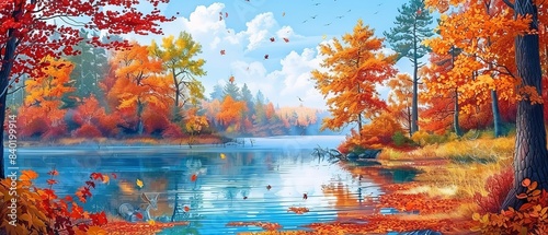Scenic forest landscape in autumn  colorful leaves and a serene river  panoramic and detailed