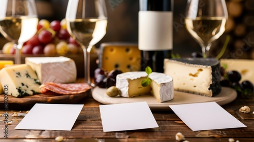 Sophisticated Wine and Cheese Pairing Experience Elegant Business Cards Assorted Cheeses and Wine Glasses for Perfect Pairings