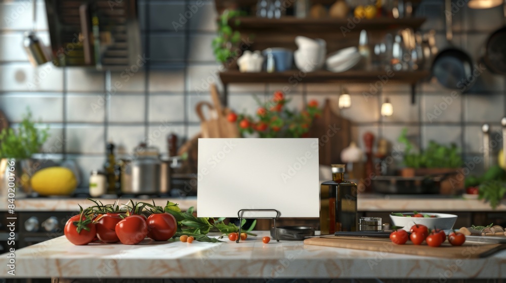 Master Chef's Culinary Haven Gourmet Kitchen with Professional Cookware Fresh Ingredients and Recipe Book Stand Perfect for Business Cards and Culinary Creativity