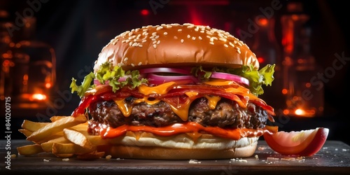 Burger neon lights on black background with glowing effects for a sign. Concept Neon Burger Sign, Glowing Effect, Black Background Display, Restaurant Signage, Illuminated Fast Food Art