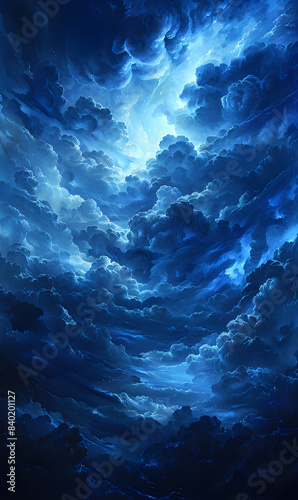 Dark storm clouds with intense rain against a deep blue backdrop  depicting the power and energy of a dramatic weather phenomenon.