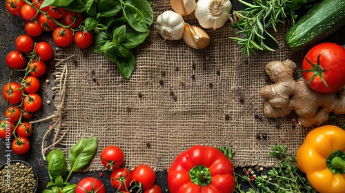 healthy vegetarian concept background of harvest fresh vegetables on burlap