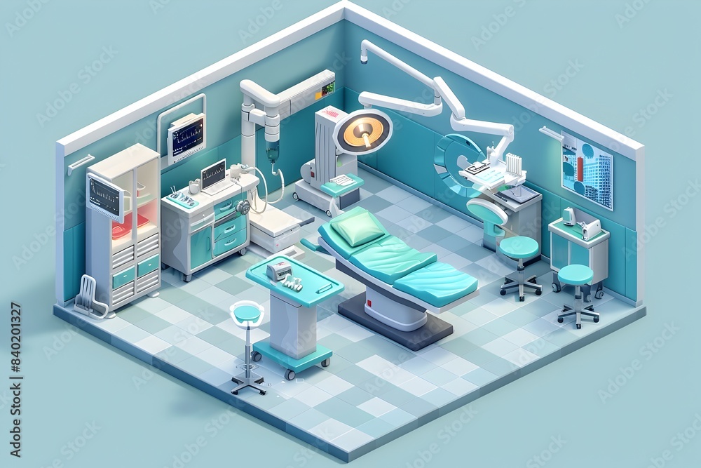 Detailed Isometric View of a Modern Operating Room with Medical Equipment and Technology
