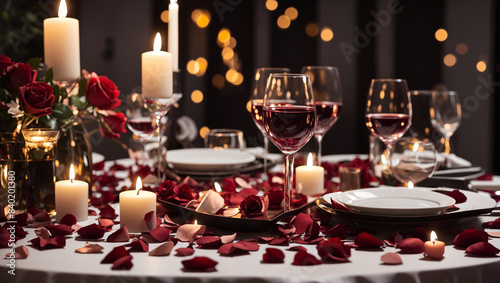 A romantic table setting with red wine, candles, and rose petals.